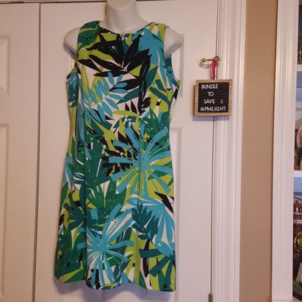 AGB Sleeveless Tropical Dress 12P Leaves Greens Black and White